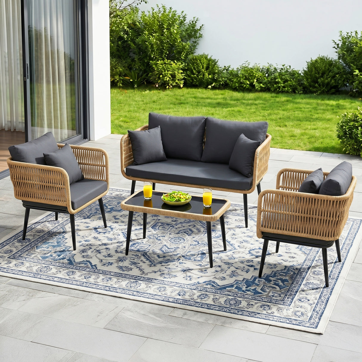 Outdoor Rope 4 Seater Conversation Furniture Set (Beige & Dark Grey)