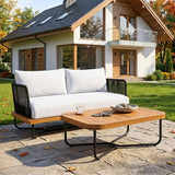 Outdoor Rope 2-Seater Sofa Set with Wooden Base & Slatted Wooden Coffee Table