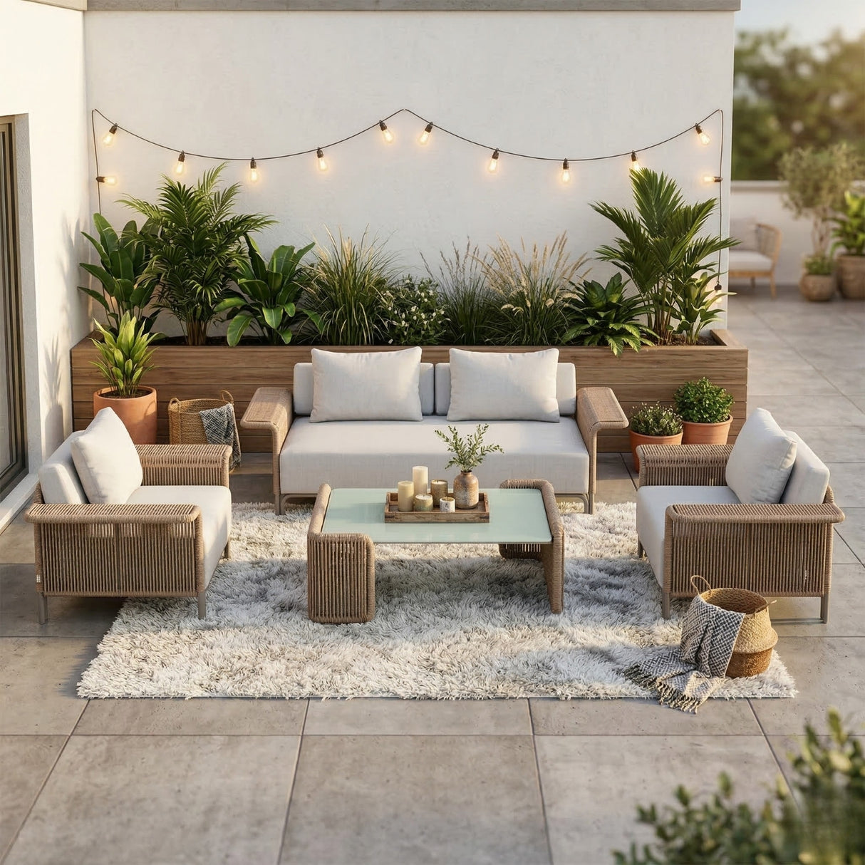 4-Piece Outdoor Rope Patio Conversation Set (Beige & Off-White)