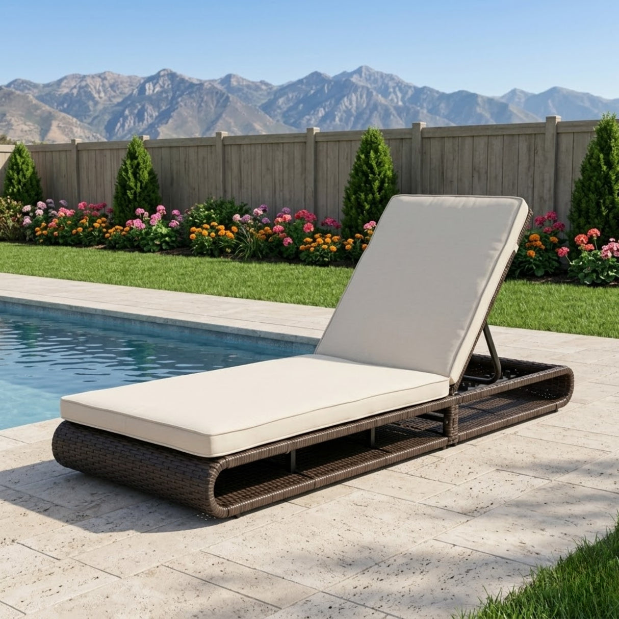 Outdoor Rattan Wicker Single Lounger Chair (Dark Brown & Cream)