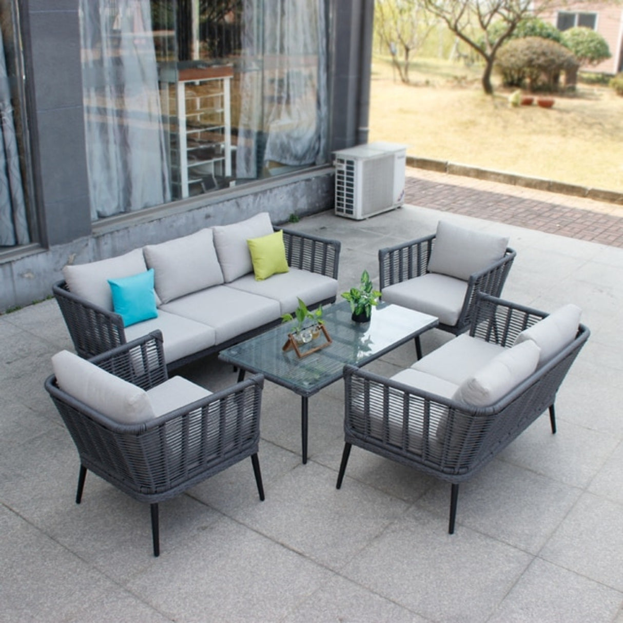 Outdoor Grey Rope 7-Seater Sofa Set With Glass Top Table
