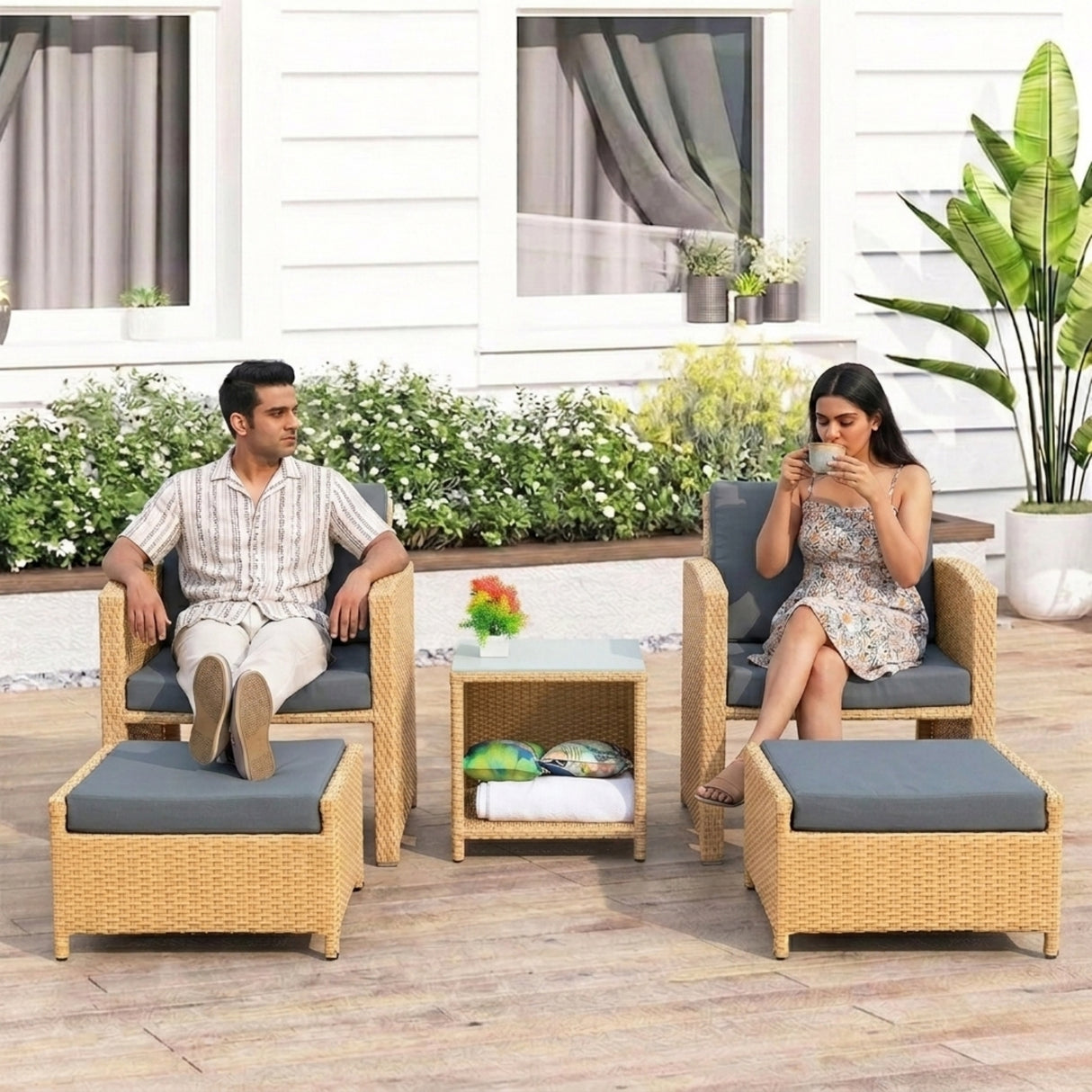 Outdoor 5 Piece Patio Wicker All Weather Sectional Furniture Set