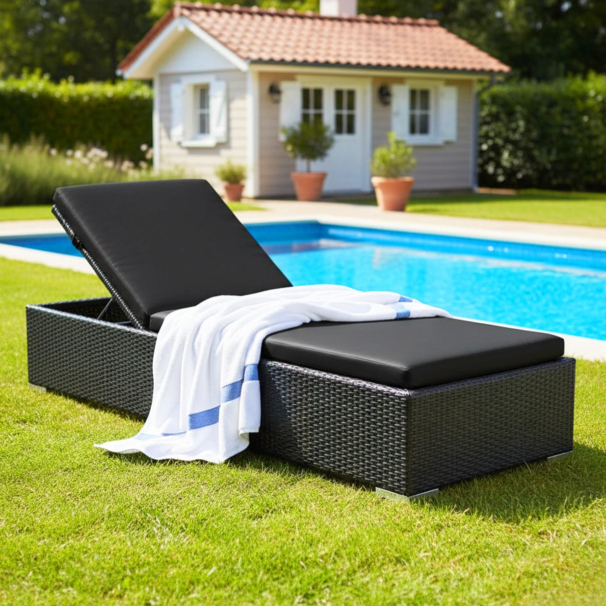 Outdoor All-Weather Rattan Wicker Lounger (Black)