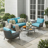 4-Piece Outdoor Rope Patio Furniture Set with Glass Top Table (Grey & Sky-Blue)