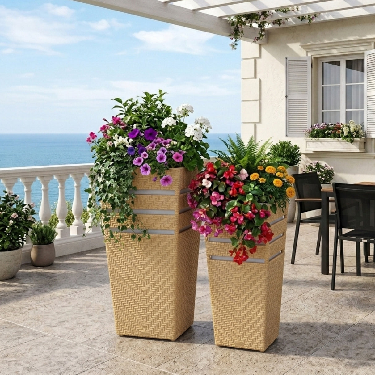 Outdoor Tall Square Rattan Planter Set of 2 (Beige)