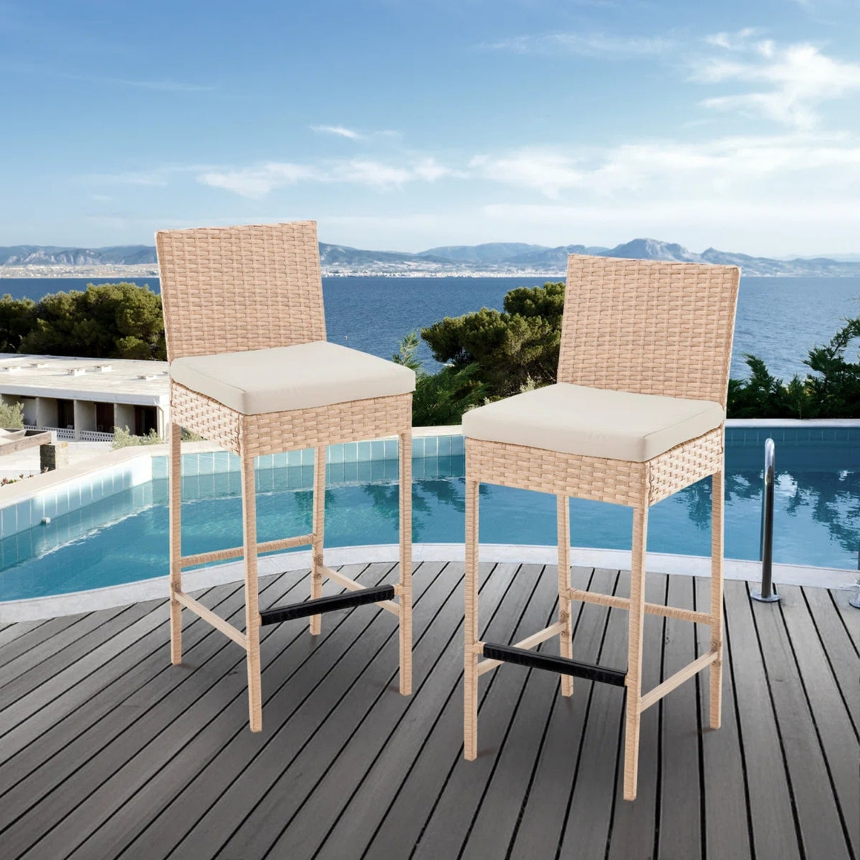 Outdoor Rattan Wicker Bar Chairs Set of 2