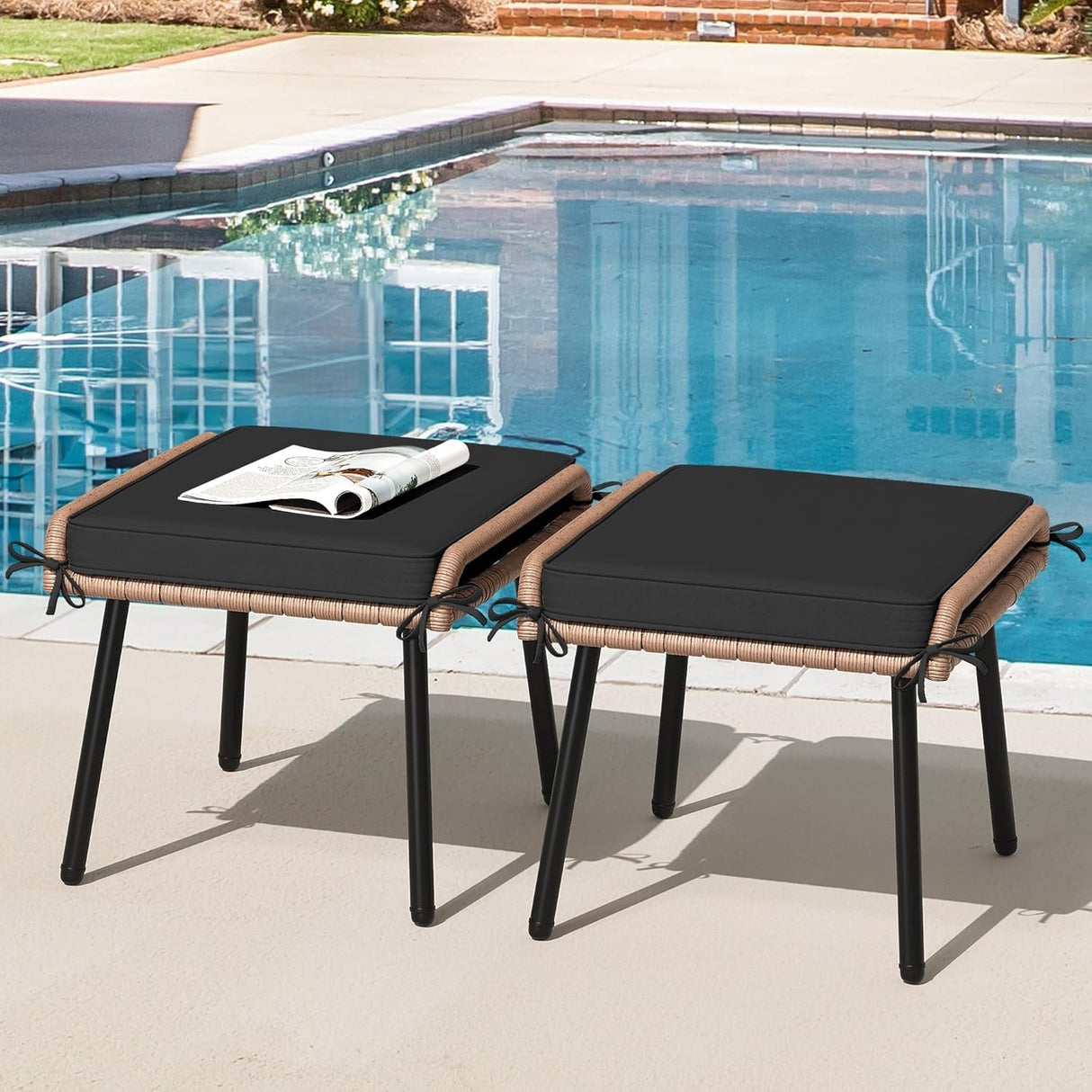 Set of 2 Wicker Ottomans, Multipurpose Outdoor Furniture