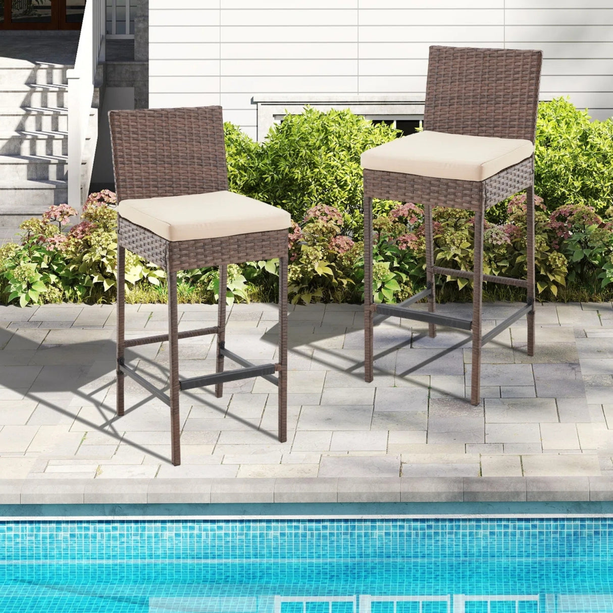 Outdoor Rattan Wicker Bar Chairs Set of 2