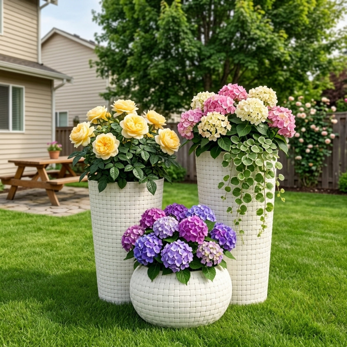 Outdoor Handwoven Rattan Wicker Planter Set of 3 (White)