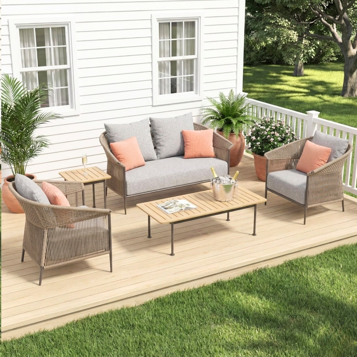 Outdoor Rope Patio Sofa Set with Cushions & Wooden Top Tables