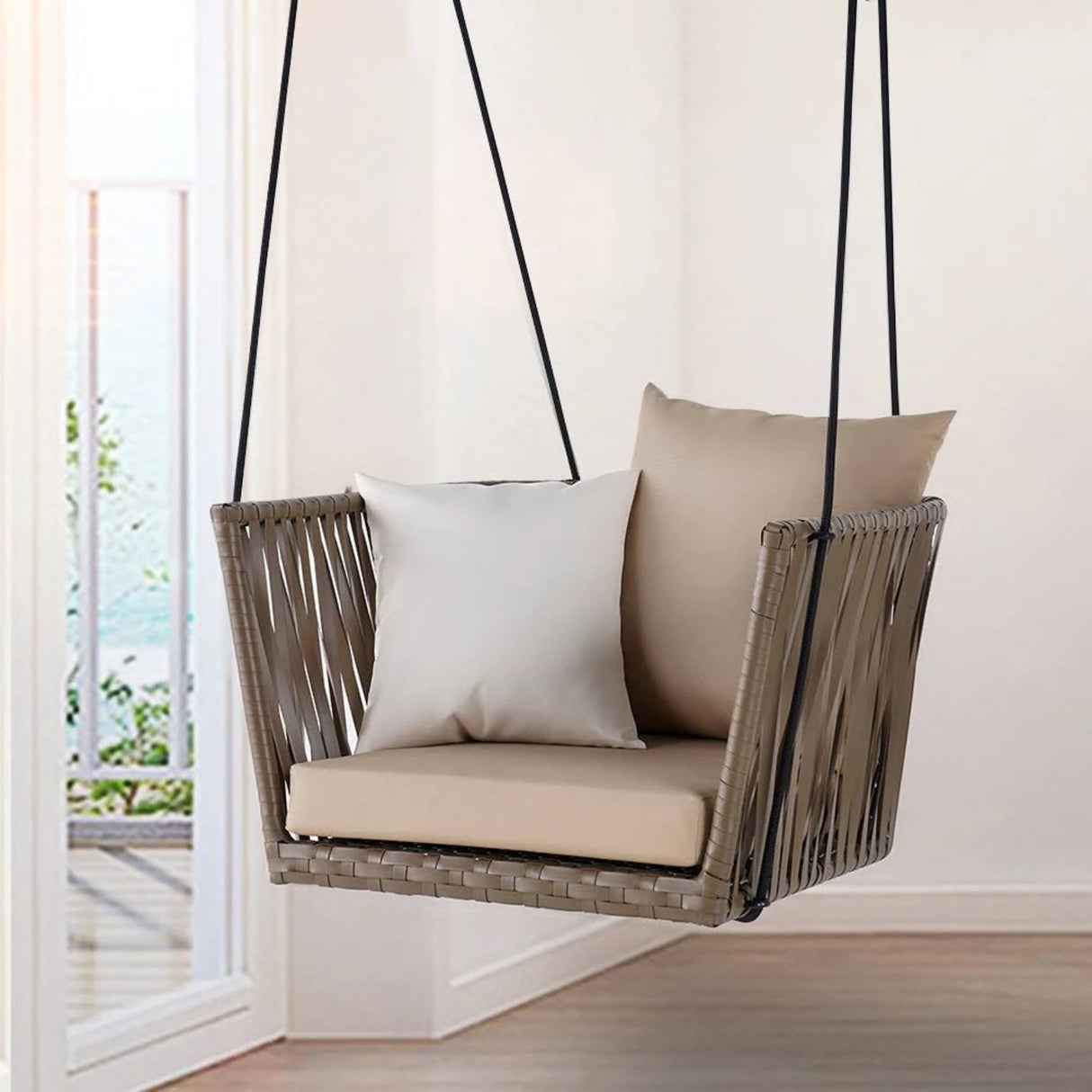 Traditional Porch Outdoor Rattan Garden Swing Chair with Beige Cushion