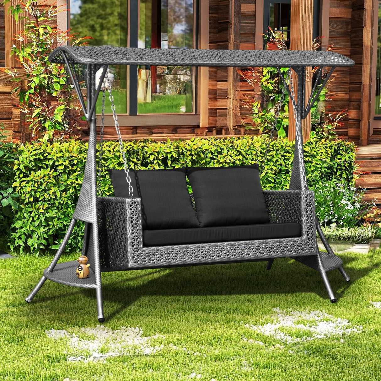 Outdoor Rattan Wicker 2-Seat Patio Swing Chair with Shade & Cushions