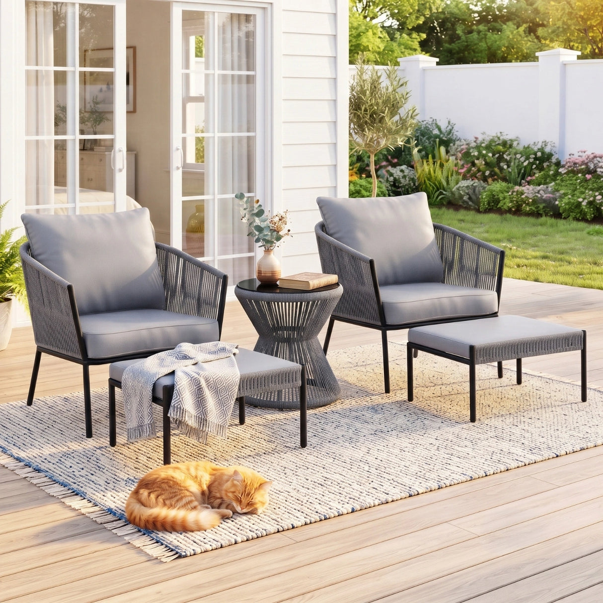 Outdoor 5 Piece Rope Patio Sofa Set (Grey)