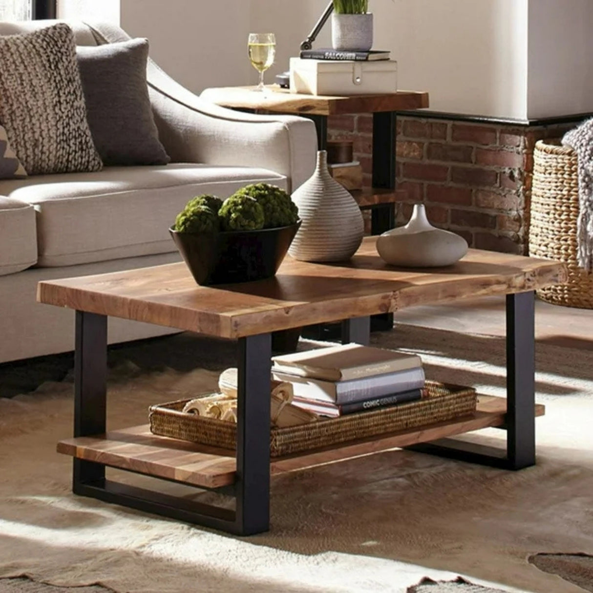 2-Tier Natural Wood Top Center Table