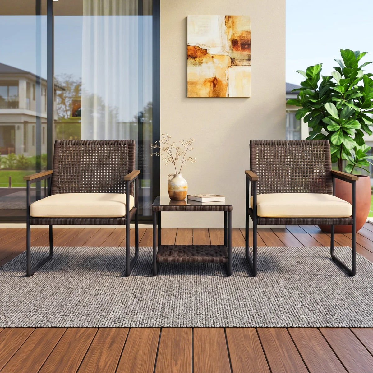 Outdoor 3-Piece Wicker Patio Set(Dark Brown & Cream)