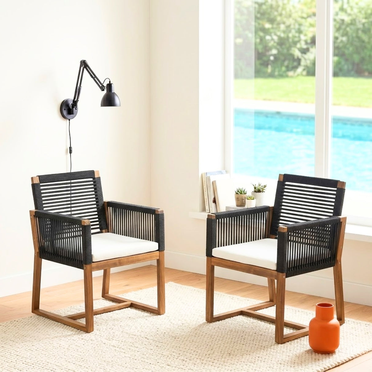 Modern Outdoor Rope Dining Chairs Set of 2 (Black & White)