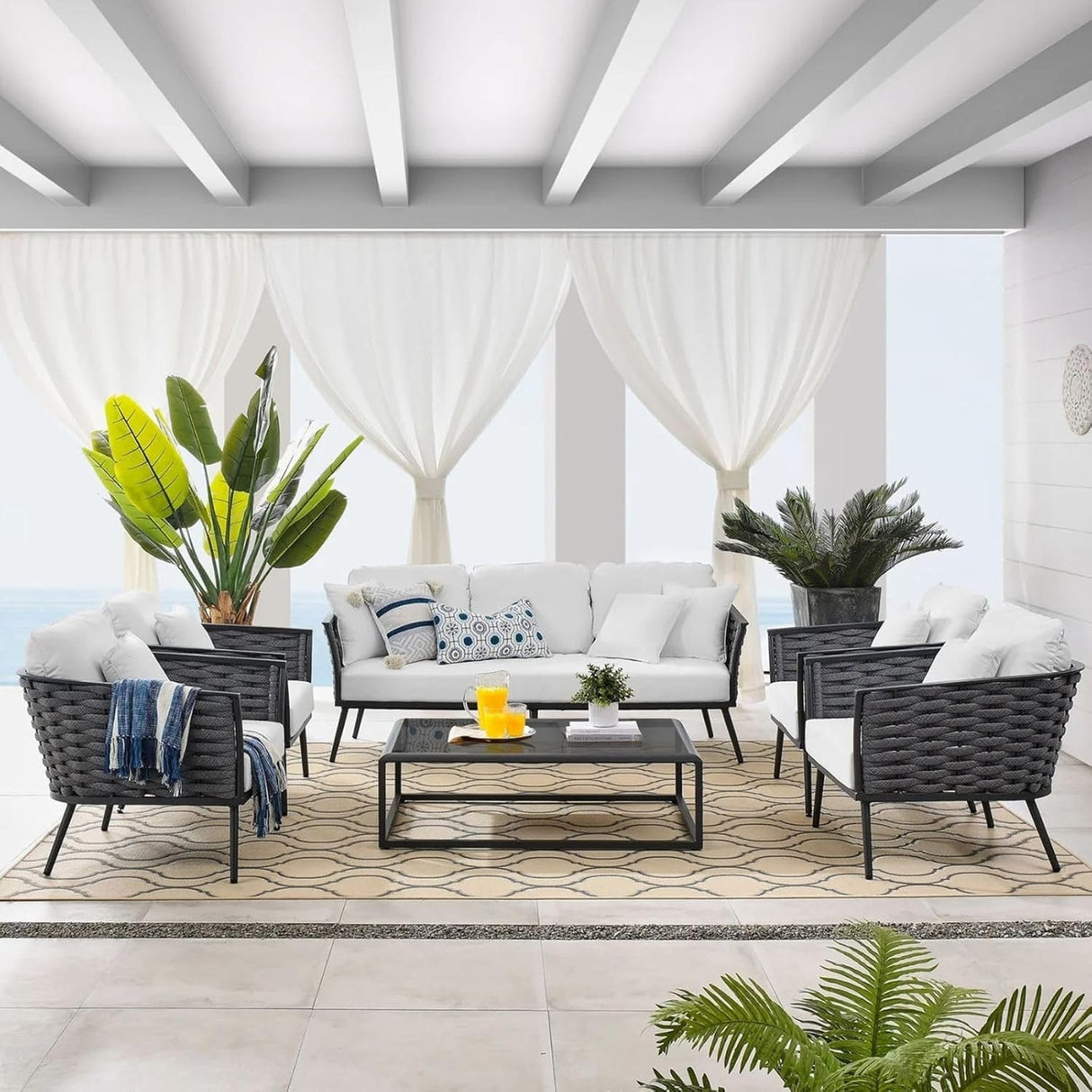 6-Piece Outdoor Rope Sofa Set (Grey & White)