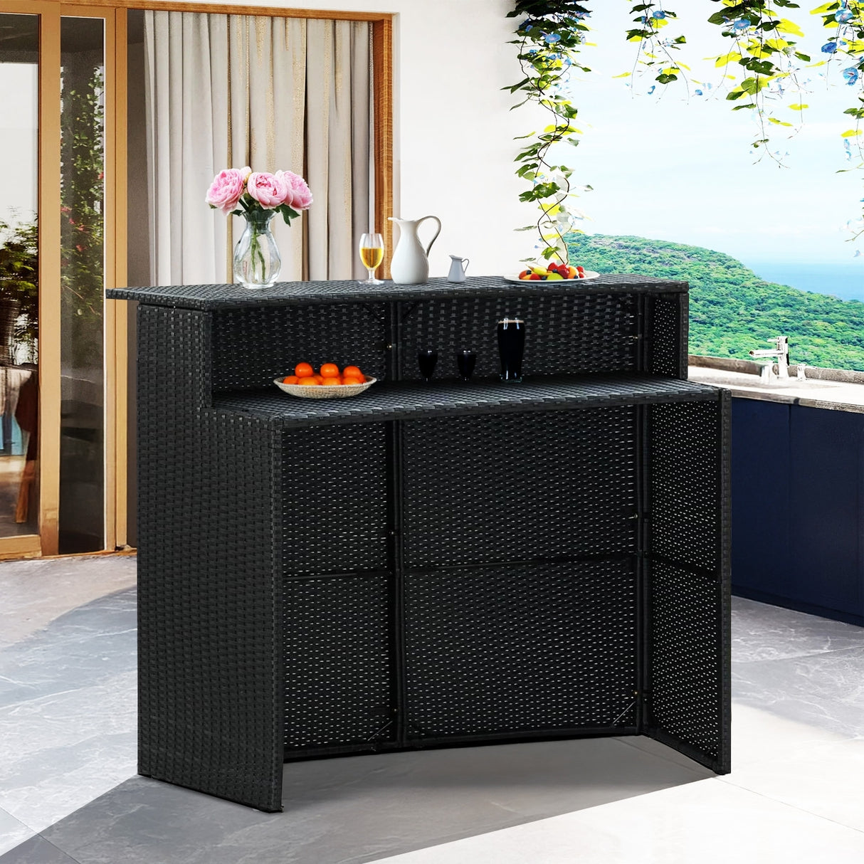 Outdoor Rattan Wicker Bar Table With a High-Top Design & Integrated Storage Shelf
