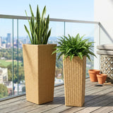 2-Piece Outdoor Rattan Wicker Tall Square Planters (Beige)