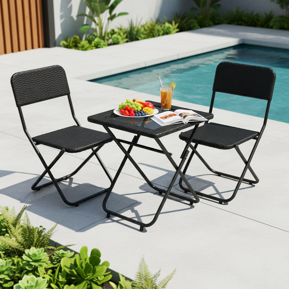 3-Piece Outdoor Wicker Folding Patio Set (Black)