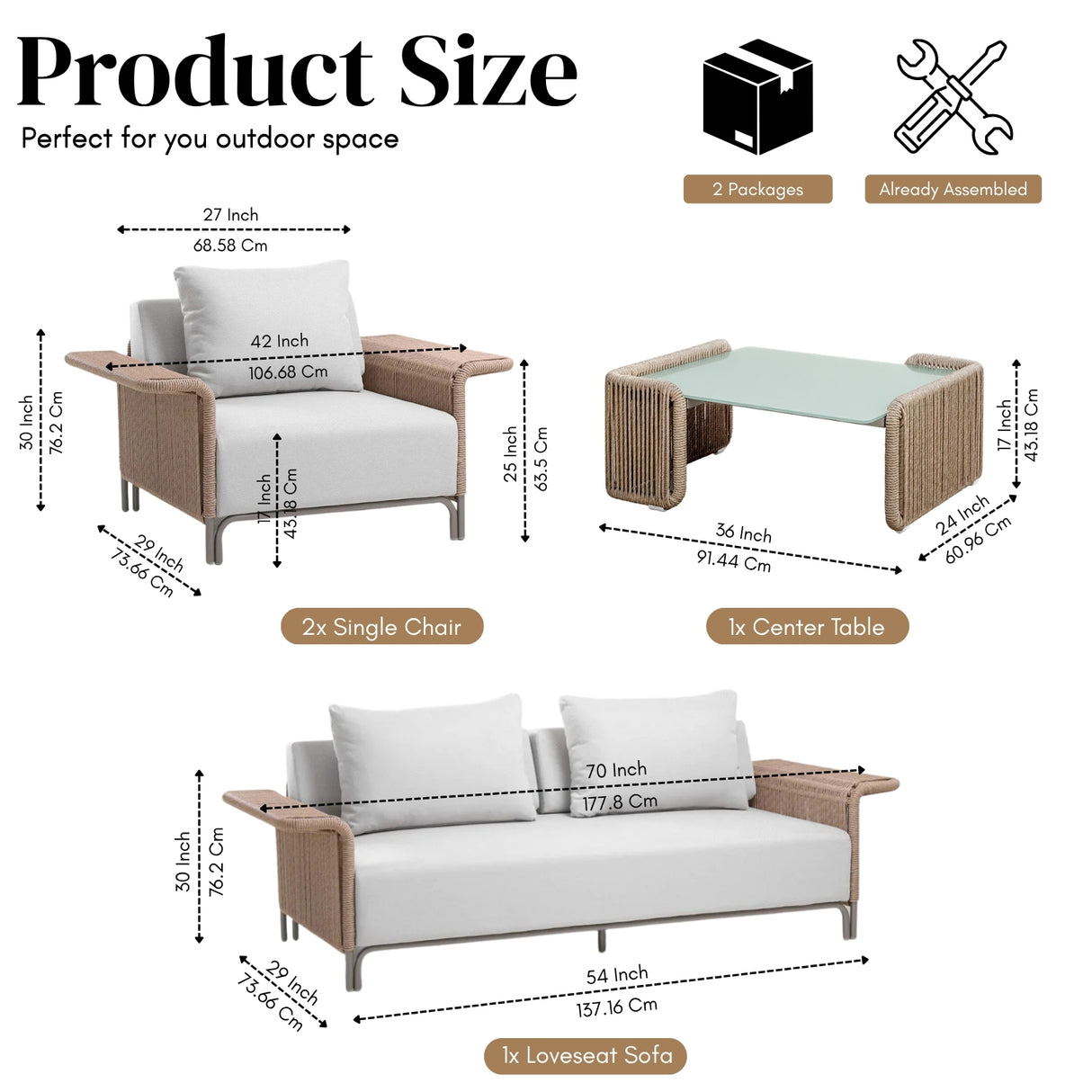 4-Piece Outdoor Rope Patio Conversation Set (Beige & Off-White)