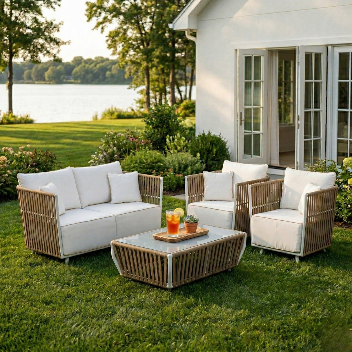 All-Weather Rope 4- Seater Sofa Set With Glass Top Table