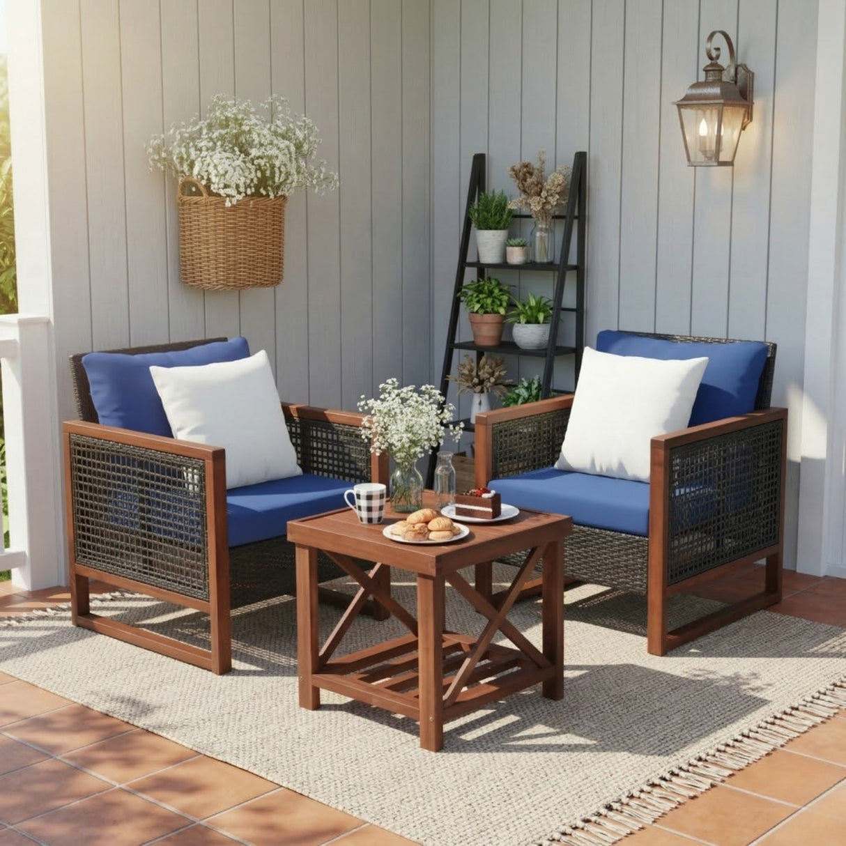 Outdoor Wicker 3-Piece Patio Furniture Set with Solid Wooden Frames (Dark Brown & Blue)