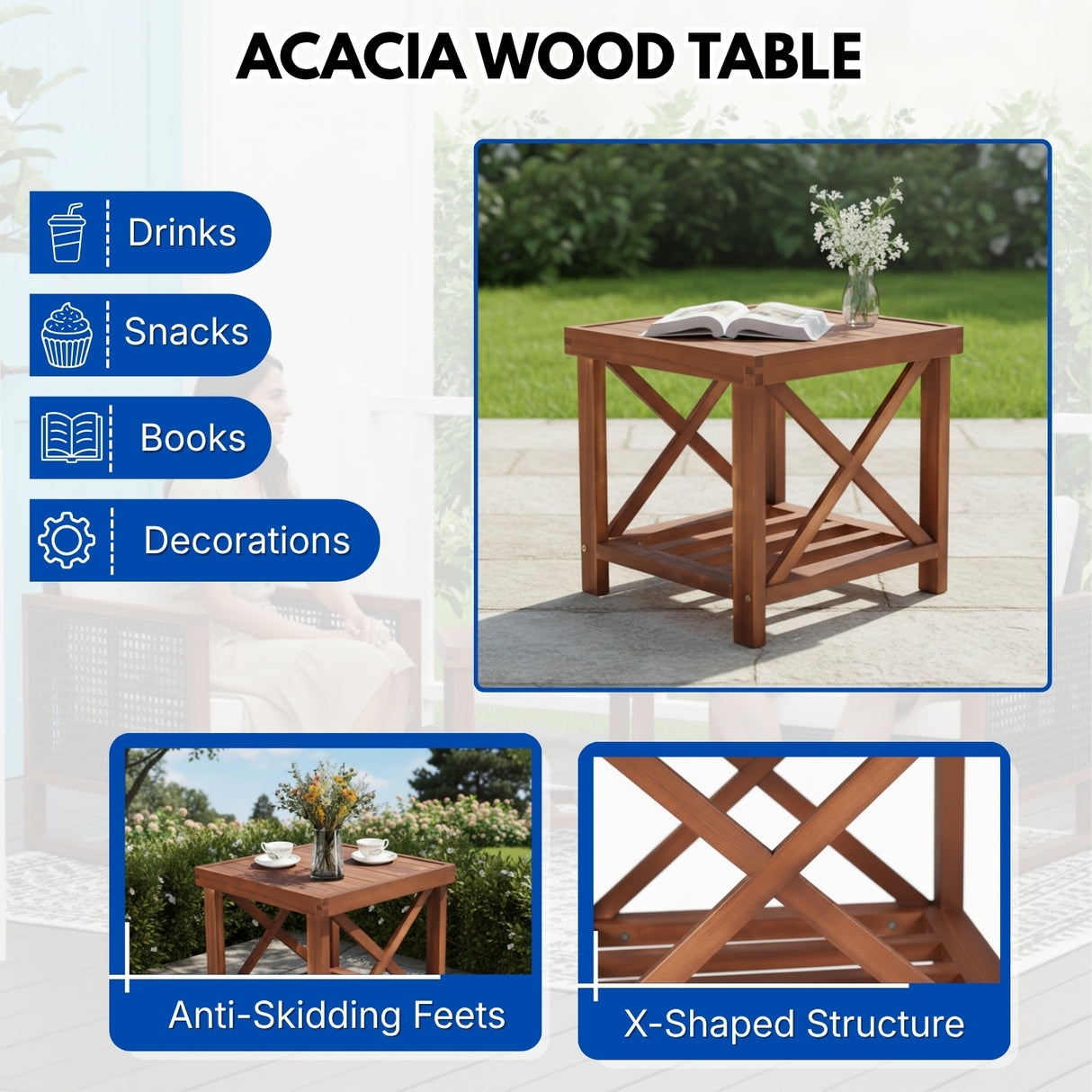 Outdoor Wicker 3-Piece Patio Furniture Set with Solid Wooden Frames (Dark Brown & Blue)