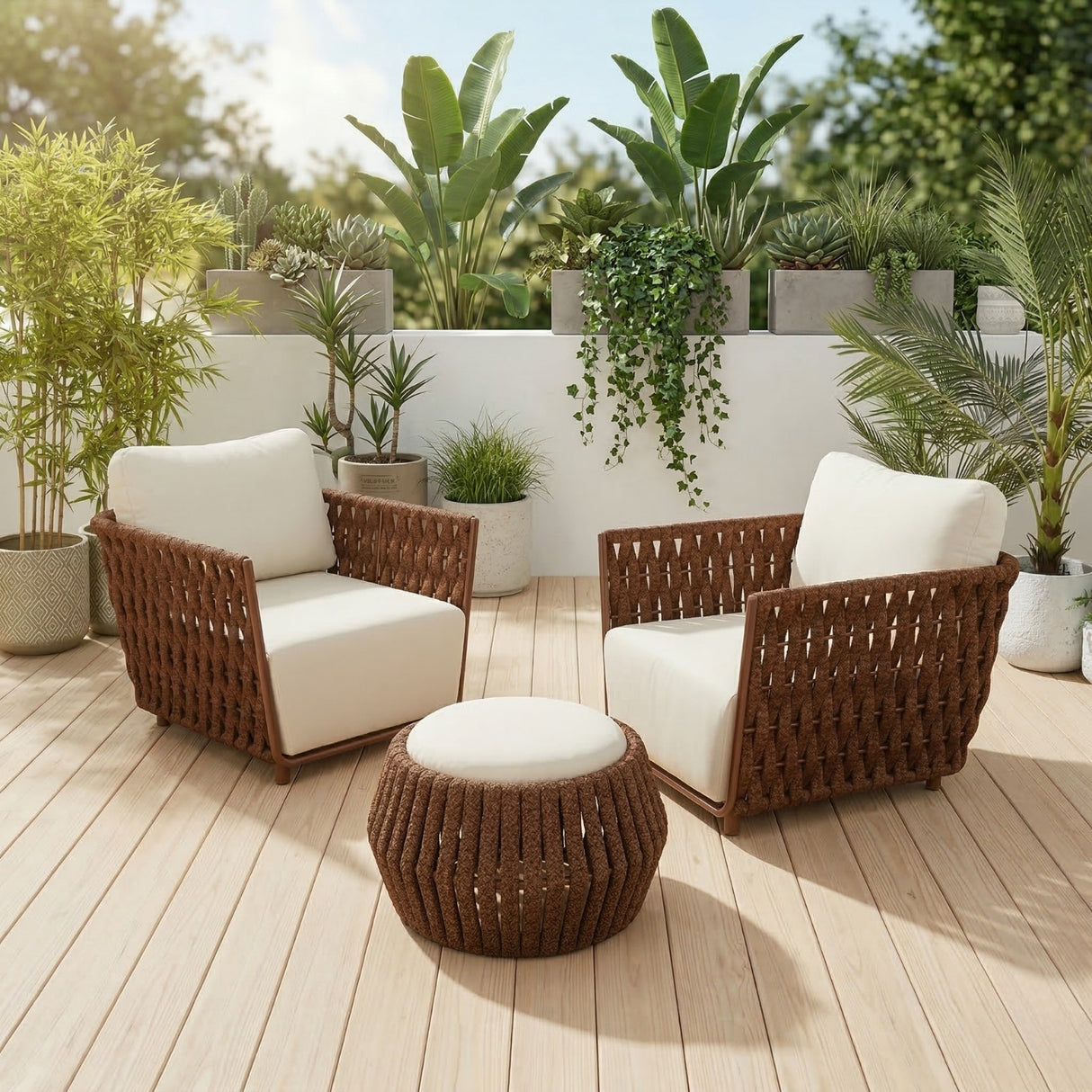 Outdoor Rope 3-Piece Patio Sofa Set (Brown & Off-White)