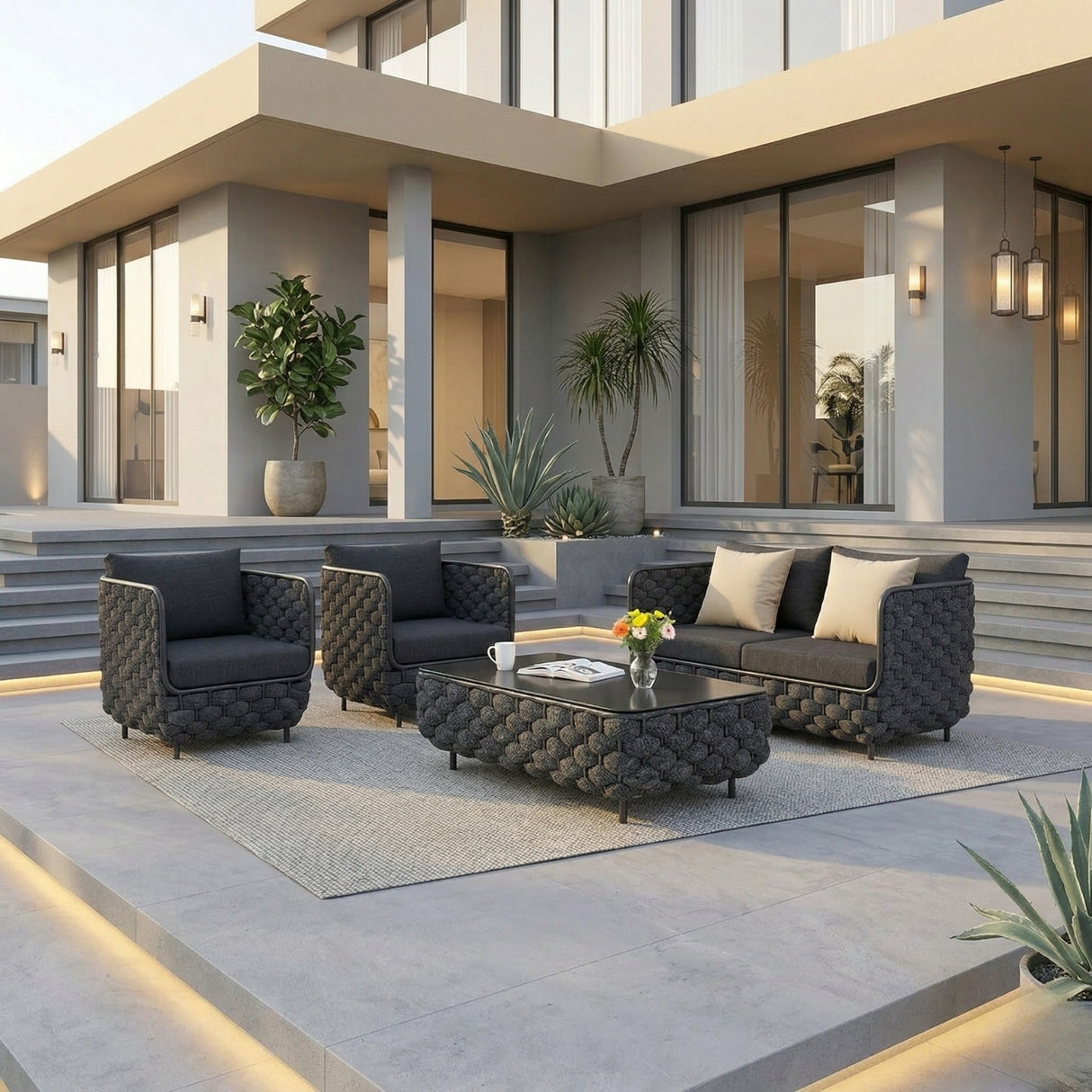 4 Piece Outdoor Rope Sofa Set with Glass Top Coffee Table (Black)