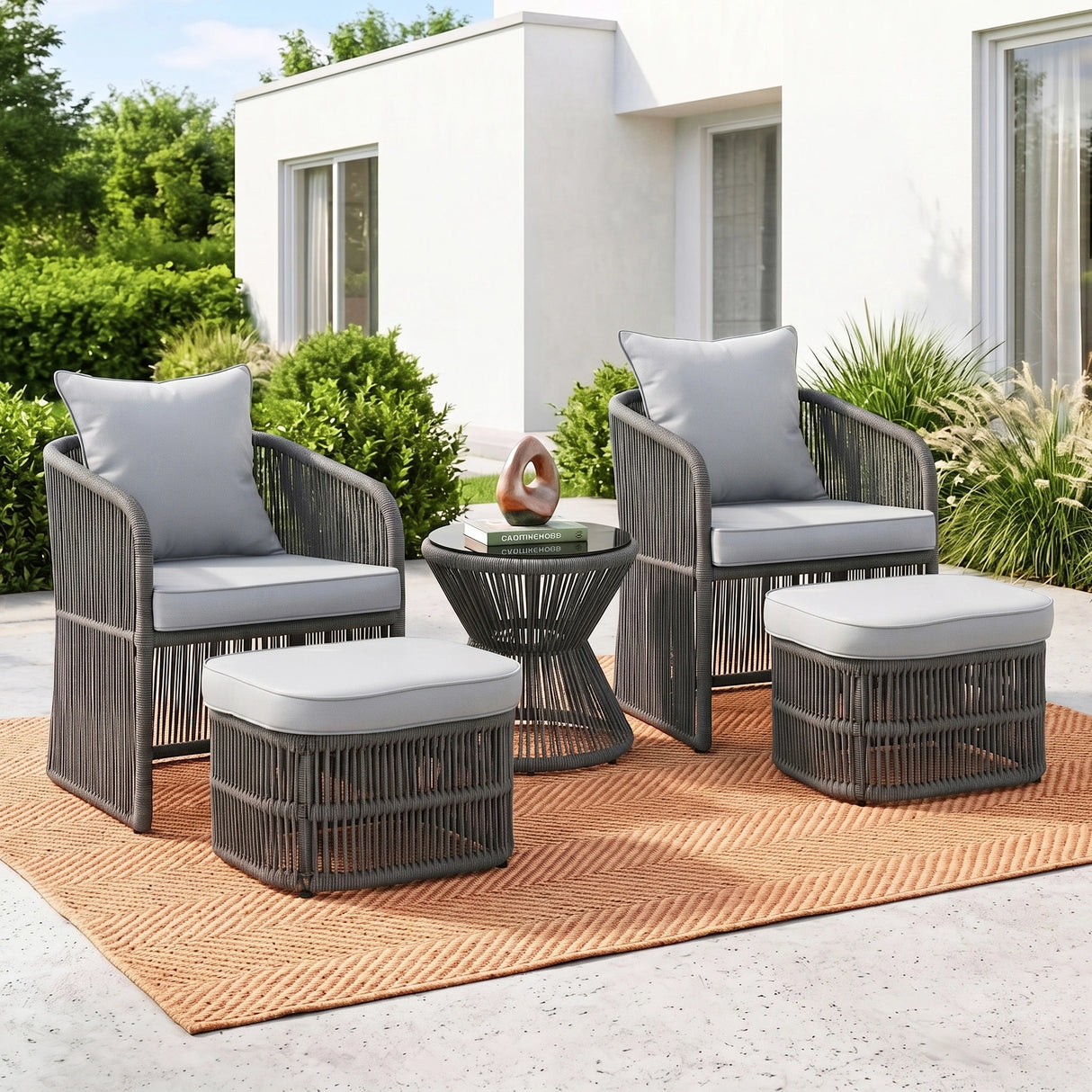 Outdoor 5 Piece Rope Patio Chair Ottoman Set (Grey)