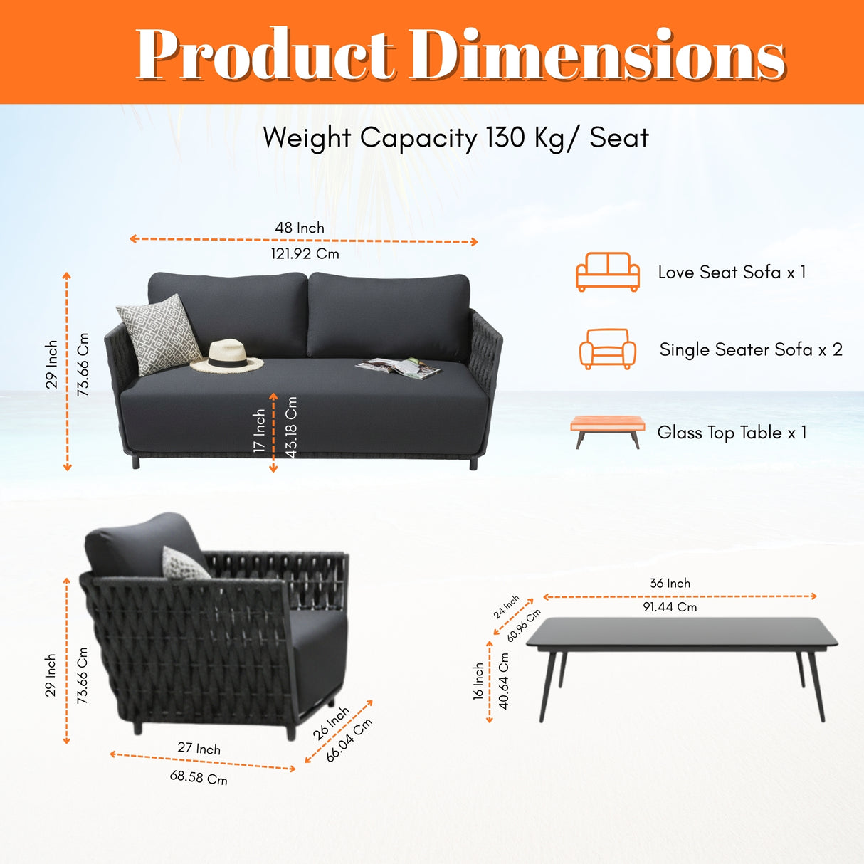 4-Piece Outdoor Rope Sofa Set (Grey)