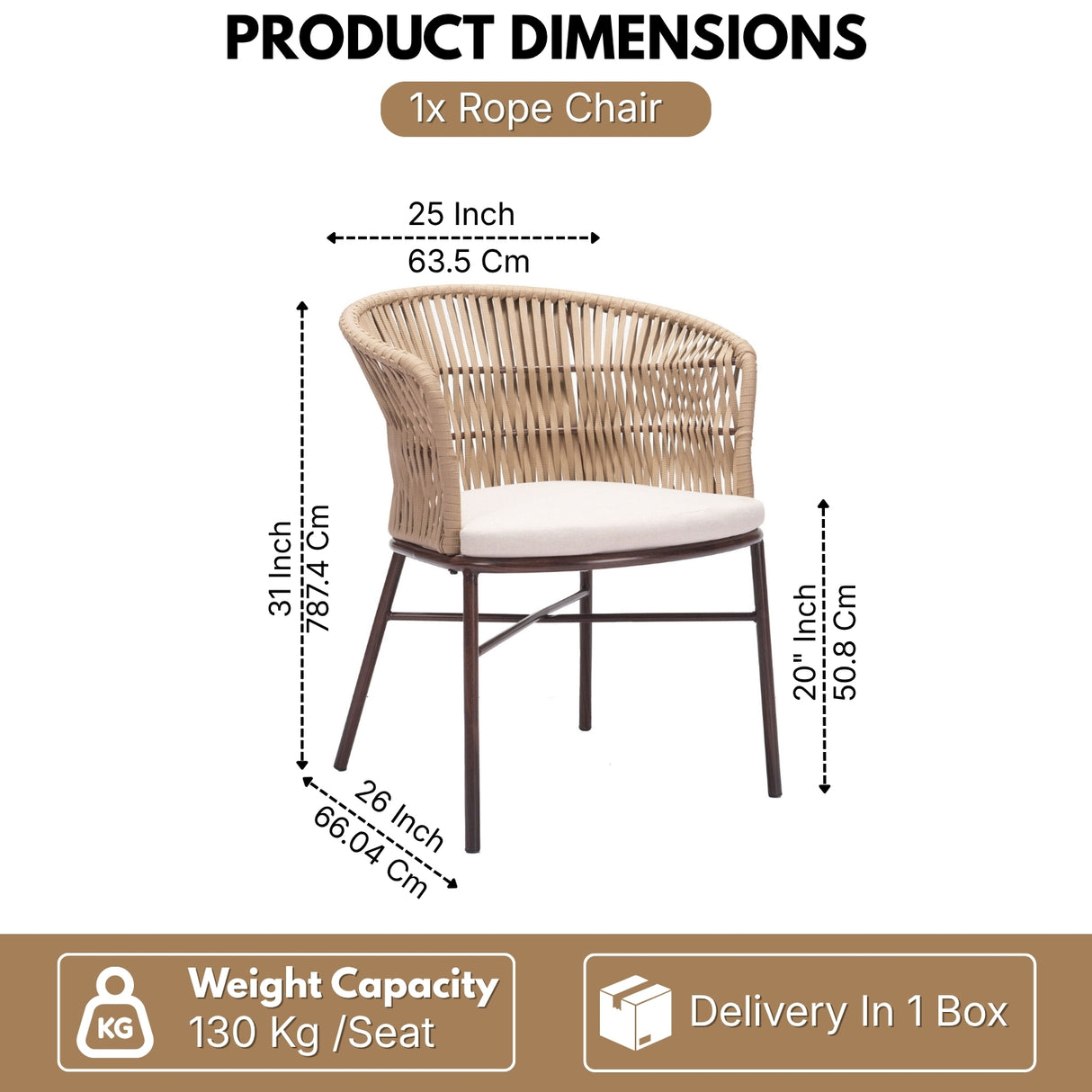 Outdoor Rope Dining Chair with Cushion (Beige & White)