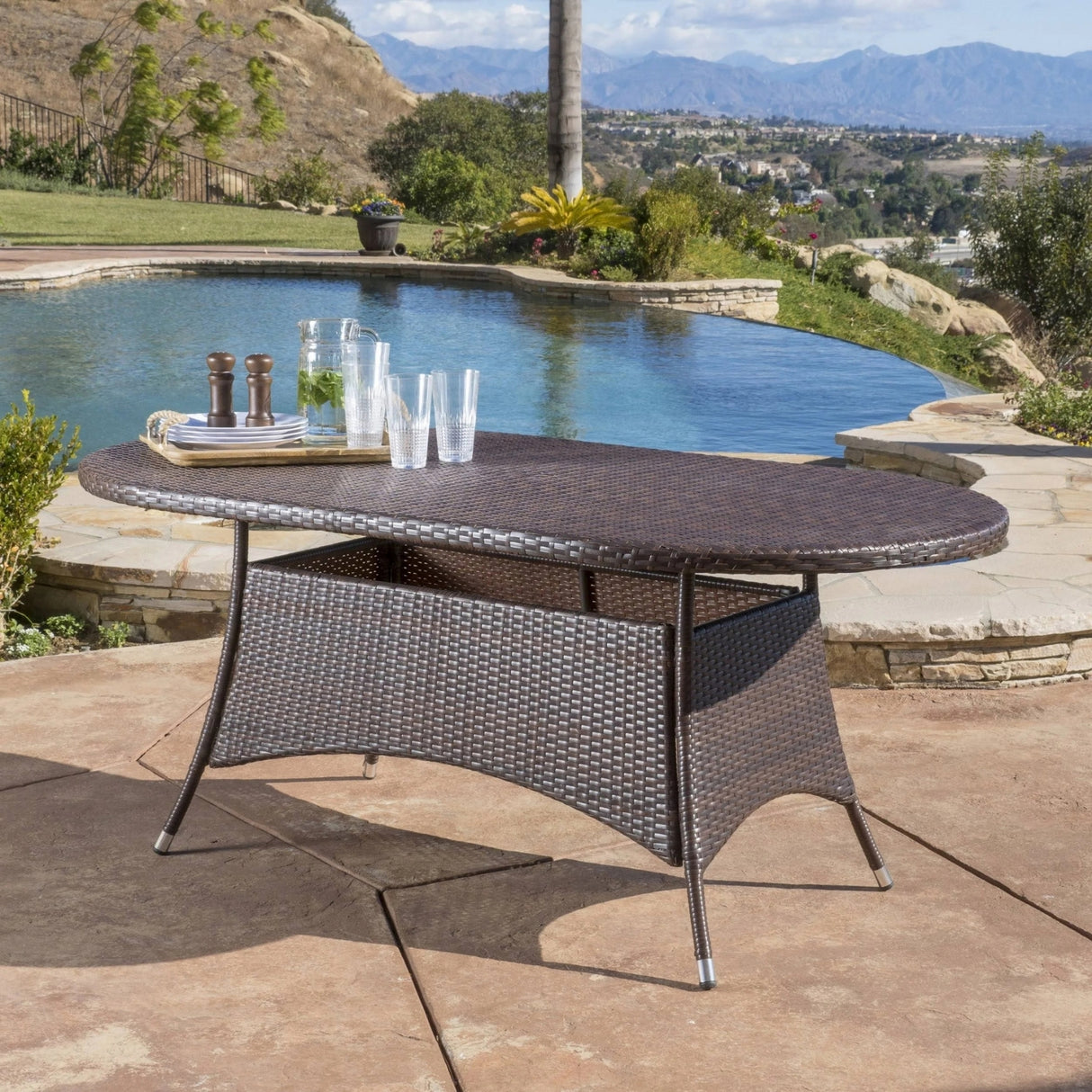 Outdoor All-Weather Rattan Wicker Round Coffee Table (Dark Brown)