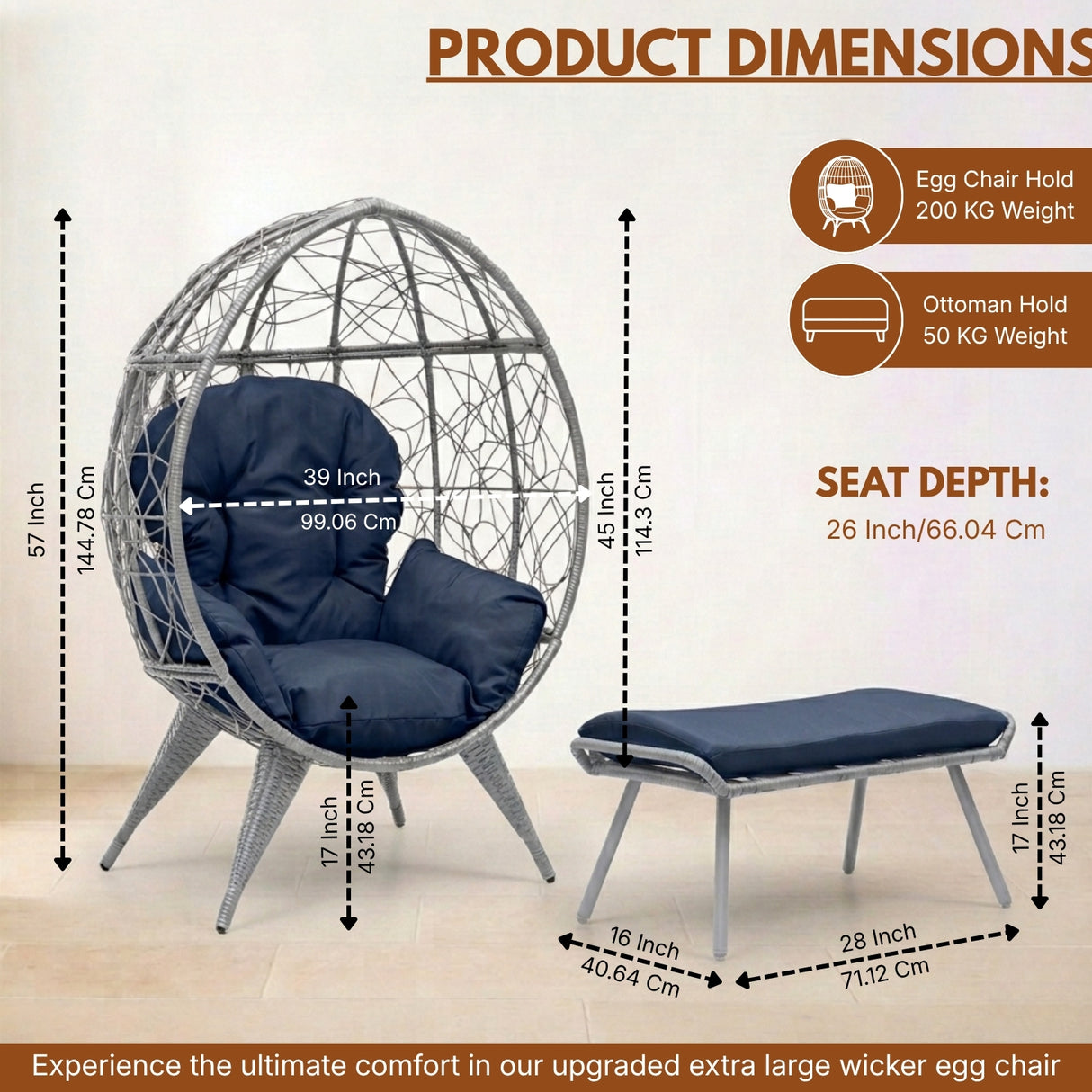 Outdoor Wicker Egg Chair with Ottoman (Silver Grey & Navy-Blue)