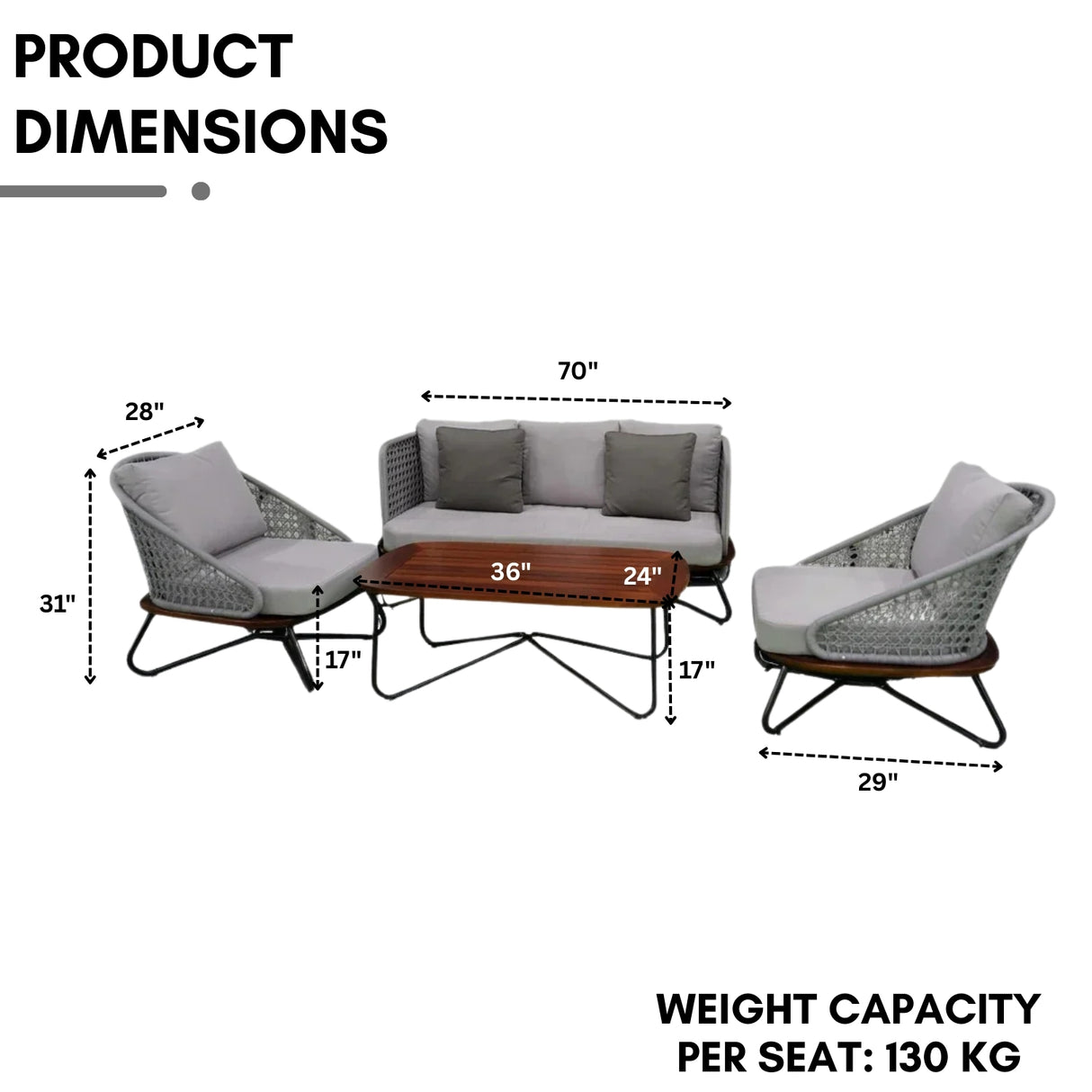 Outdoor Grey Rope 4-Piece Sofa Set With Wooden Top Table