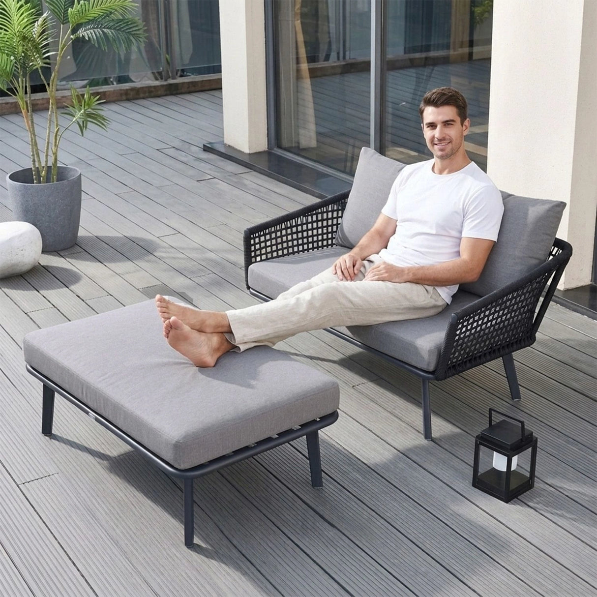 2-Piece Outdoor Rope Loveseat Sofa With Ottoman