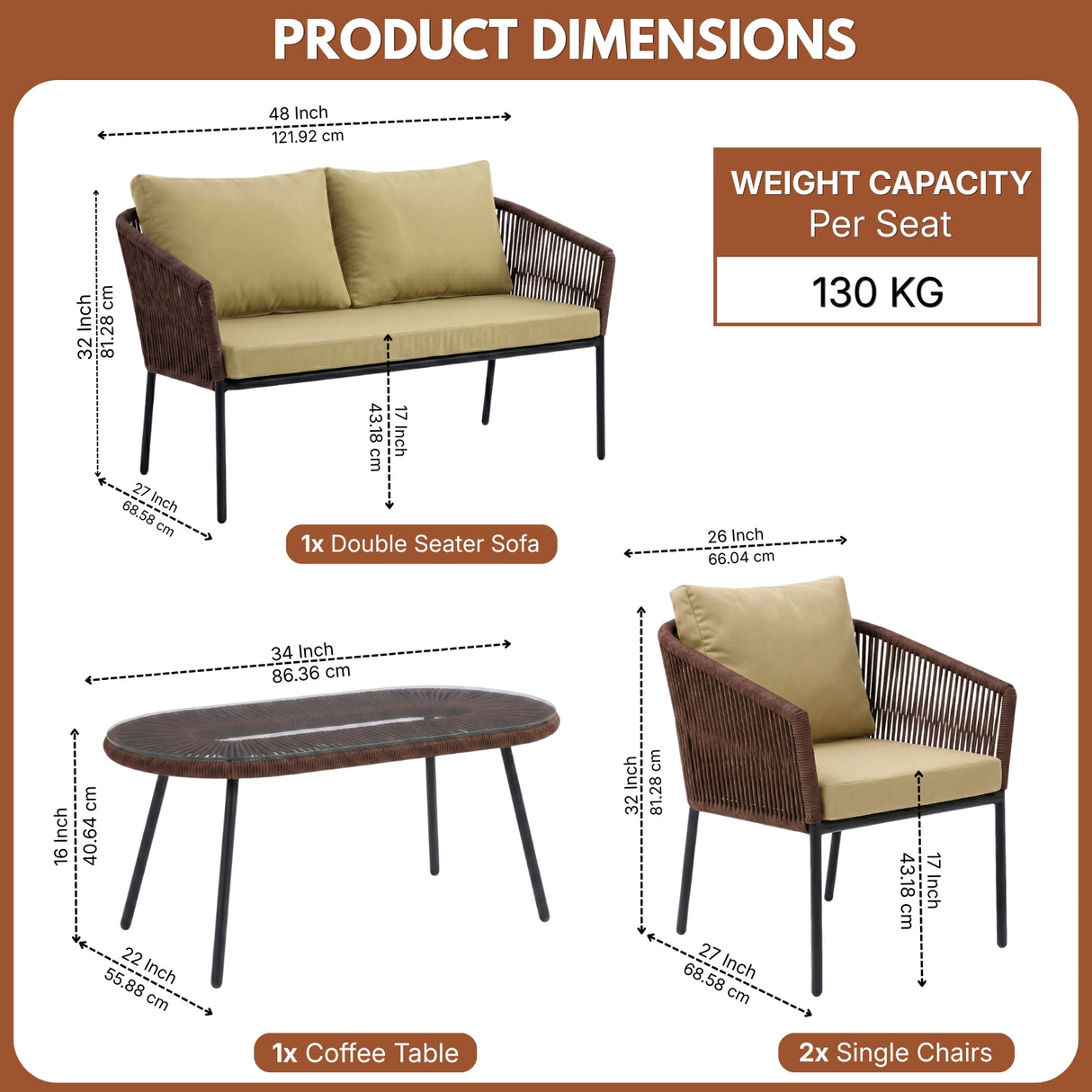 Outdoor 4 Seater Rope Conversation Sofa Set (Brown & Cream)