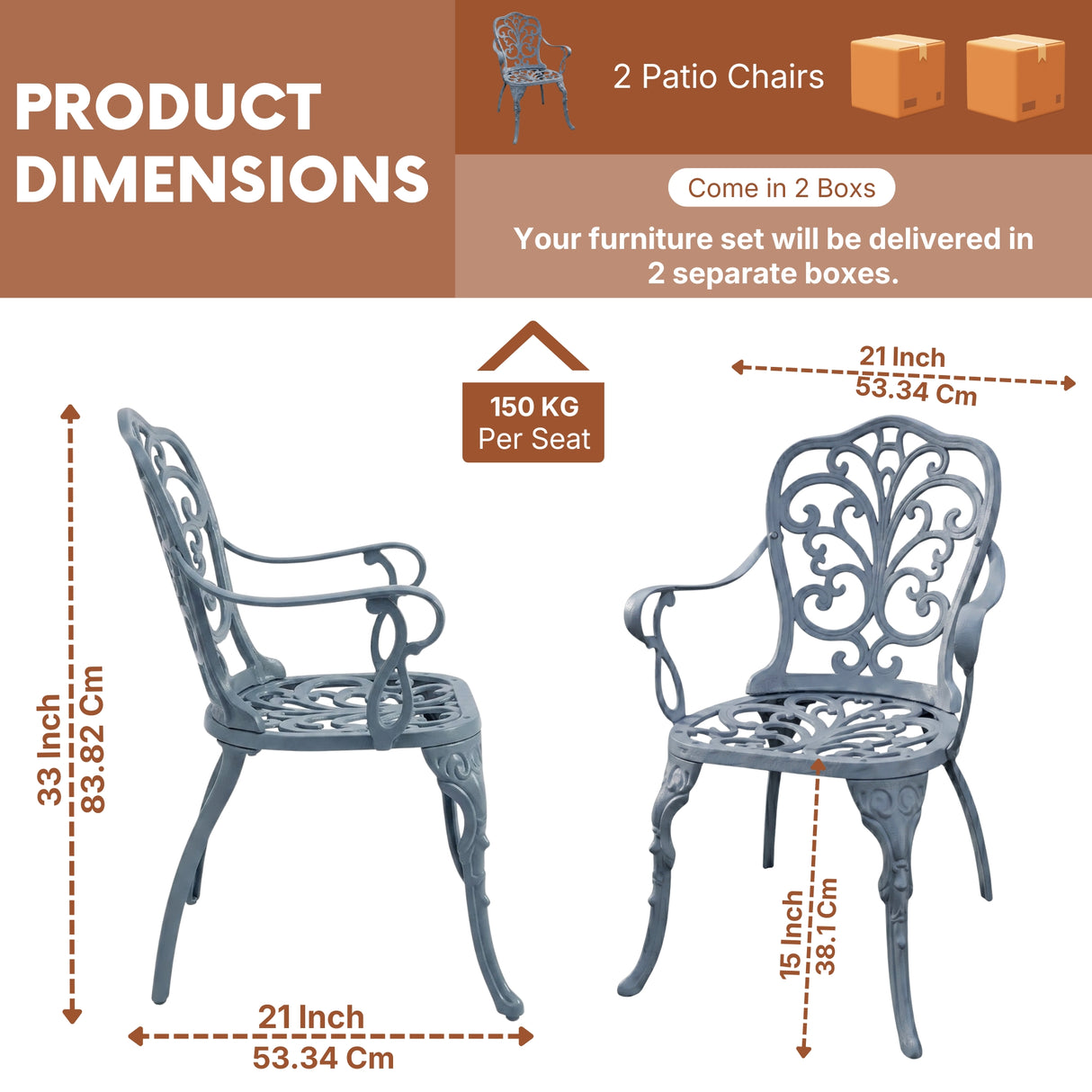 Outdoor Cast Aluminum Bistro Set with 2 Chairs (Grey)