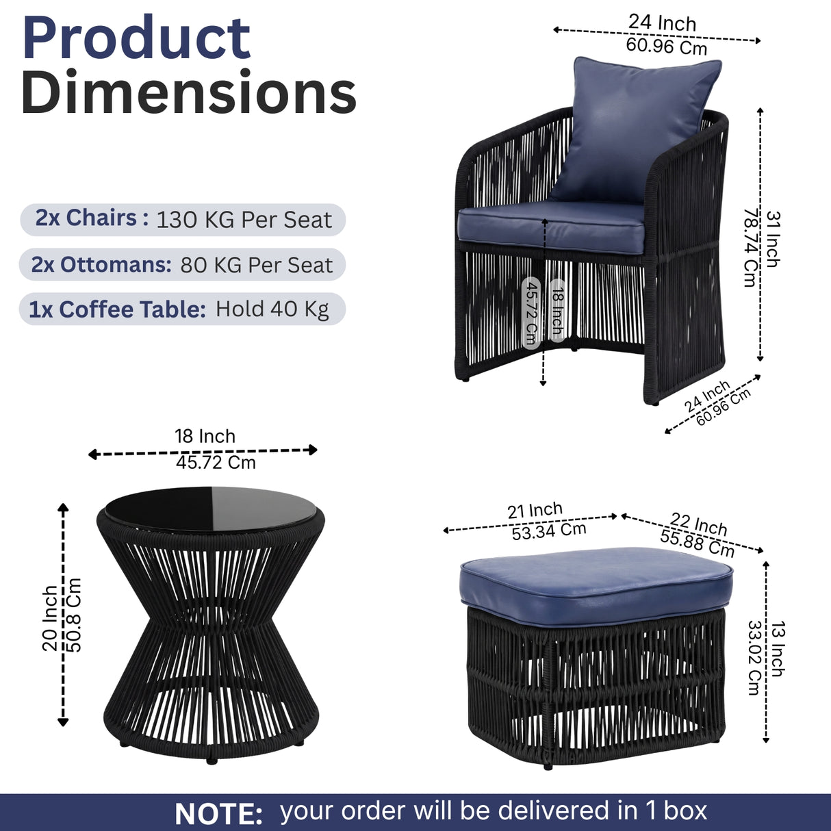Outdoor 5 Piece Rope Patio Chair Ottoman Set (Black & Navy-Blue)