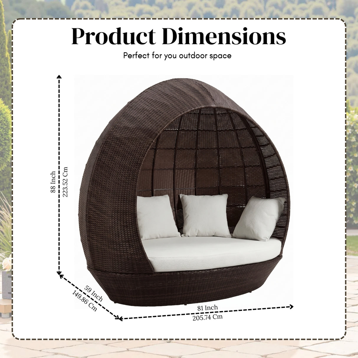 Outdoor Rattan Wicker Egg-Shaped Daybed (Dark Brown Wicker & Off-White)