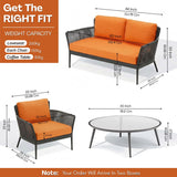 4-Piece Outdoor Rope Patio Furniture Set with Glass Top Table (Grey & Orange)