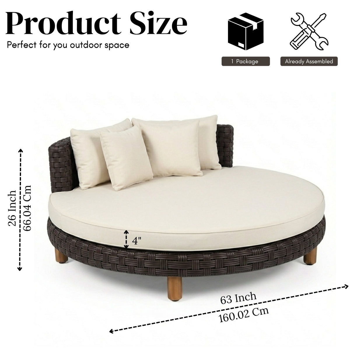 Outdoor All-Weather Rattan Wicker Round Daybed (Dark Brown & Cream)