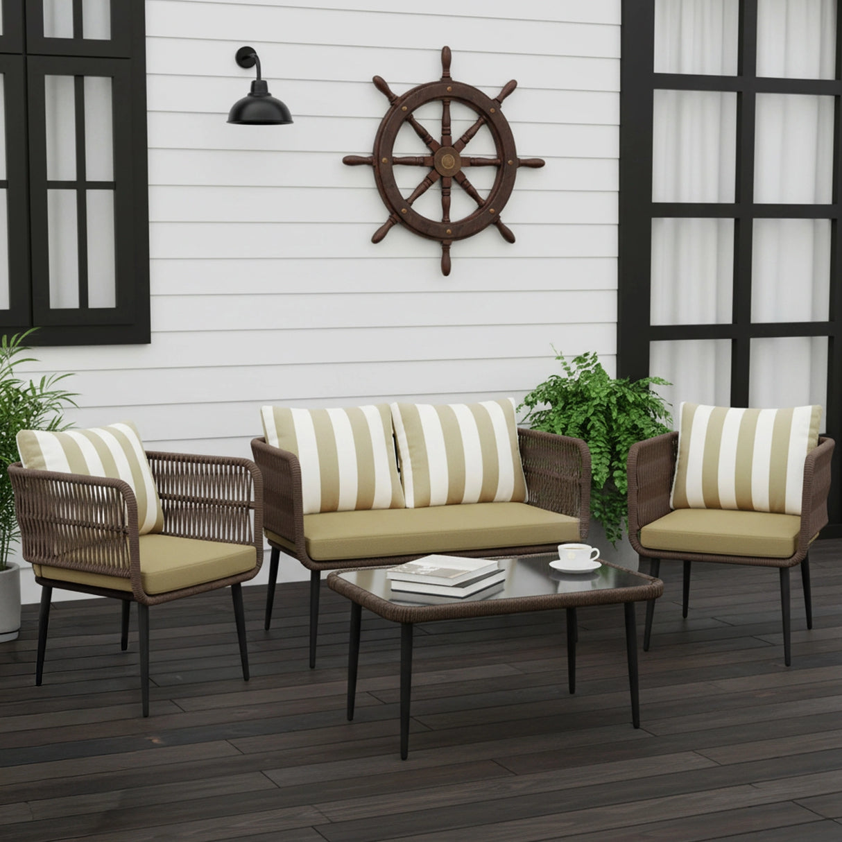 Outdoor 4-Seater Rope Conversation Set(Brown & Cream)