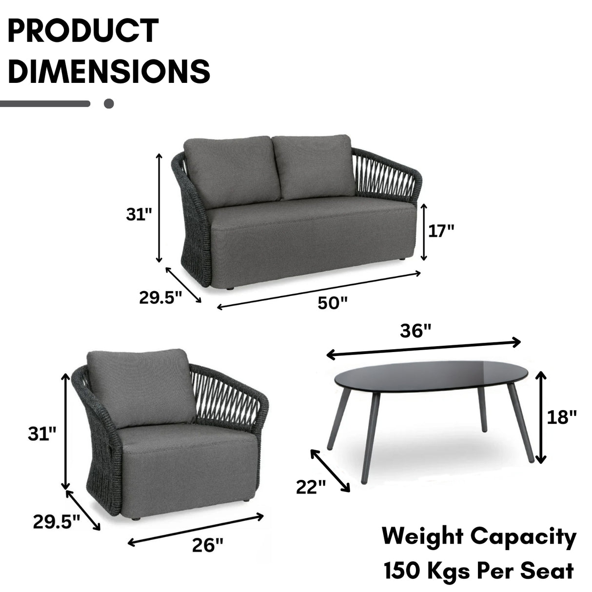 4-Piece Outdoor Braid & Rope Sofa Set (Grey)