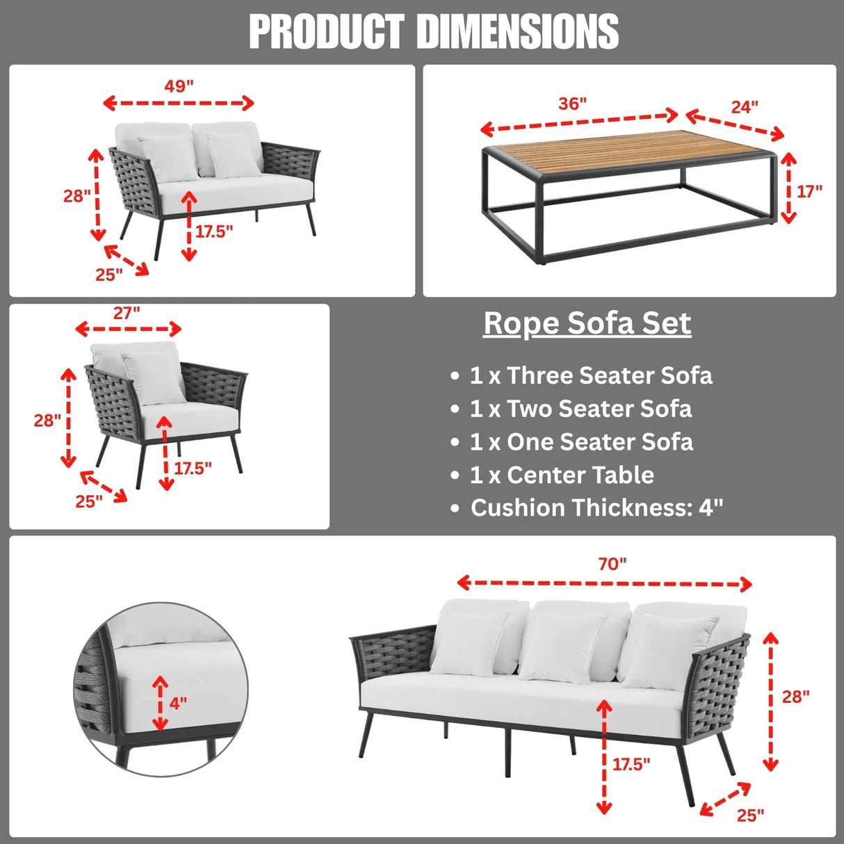 4 Piece Outdoor Rope Sofa Set with Wooden Top Table