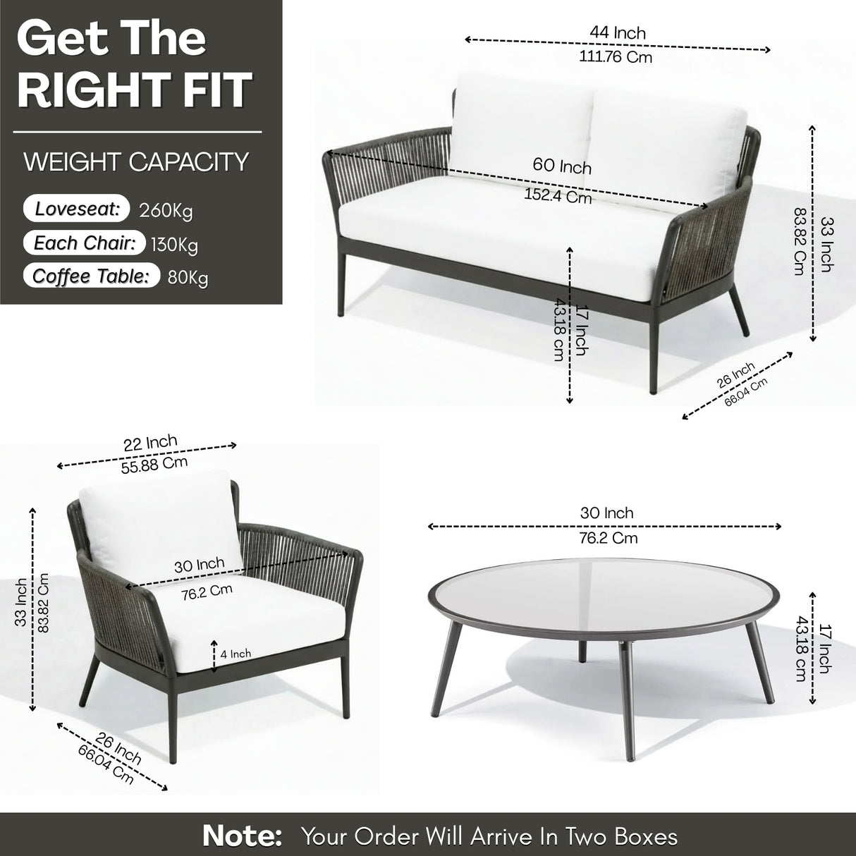 4-Piece Outdoor Rope Patio Furniture Set with Glass Top Table (Grey & Off-White)