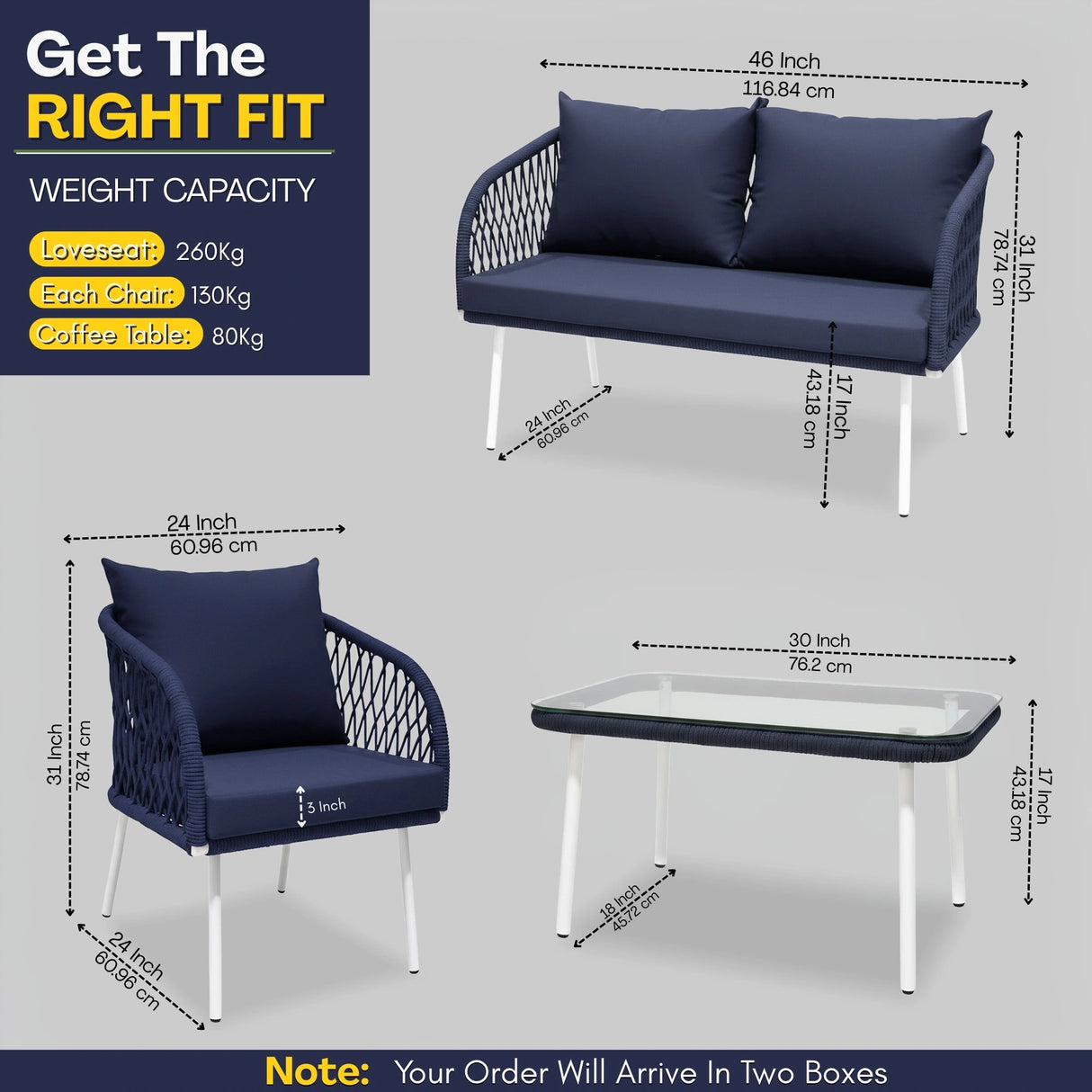 Outdoor Rope 4-Seater Sofa Set with Glass Top Table (Navy-blue & Royal Blue)