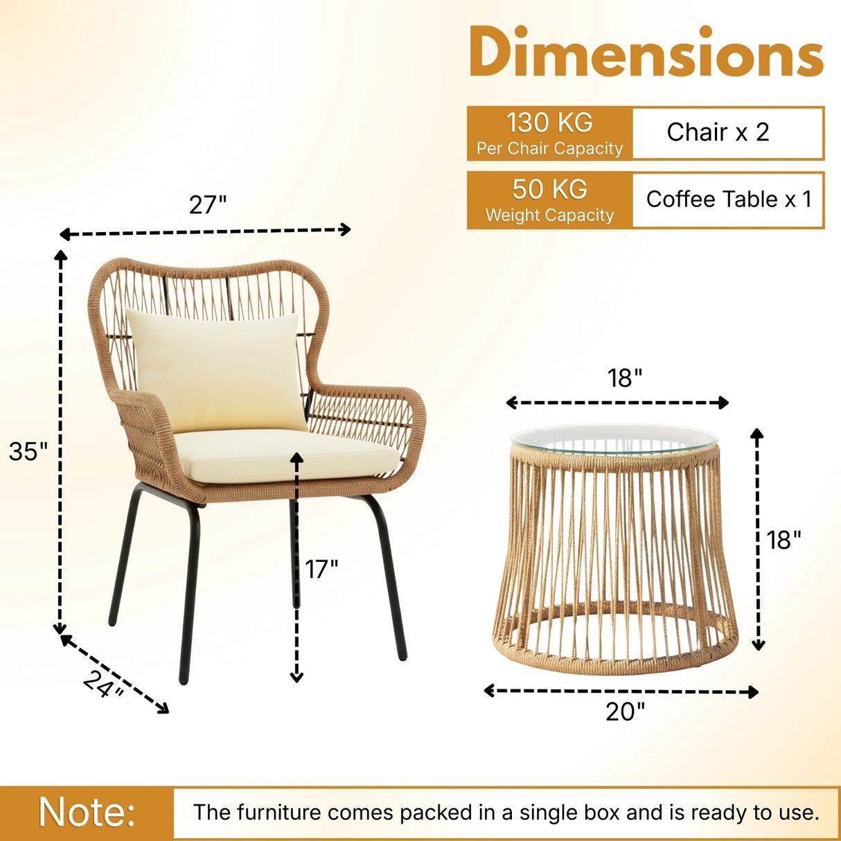 Outdoor Patio Garden 3 Piece All Weather Resistant Furniture Set