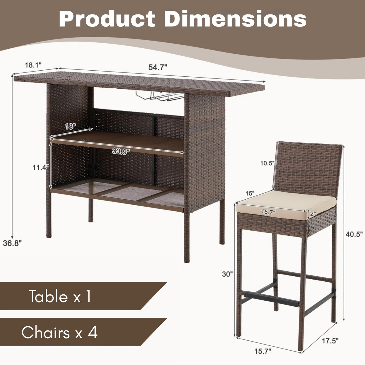 5-Piece Outdoor Rattan Wicker Bar Set with Wicker Top Table